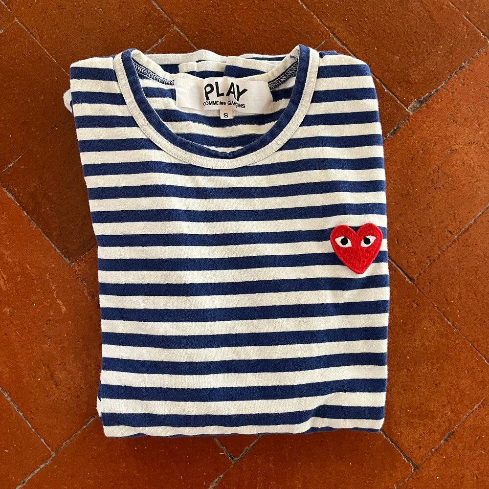 Comme Des Garcons PLAY Striped Long Sleeve Cotton T- Shirt | Red Heart Logo (S)